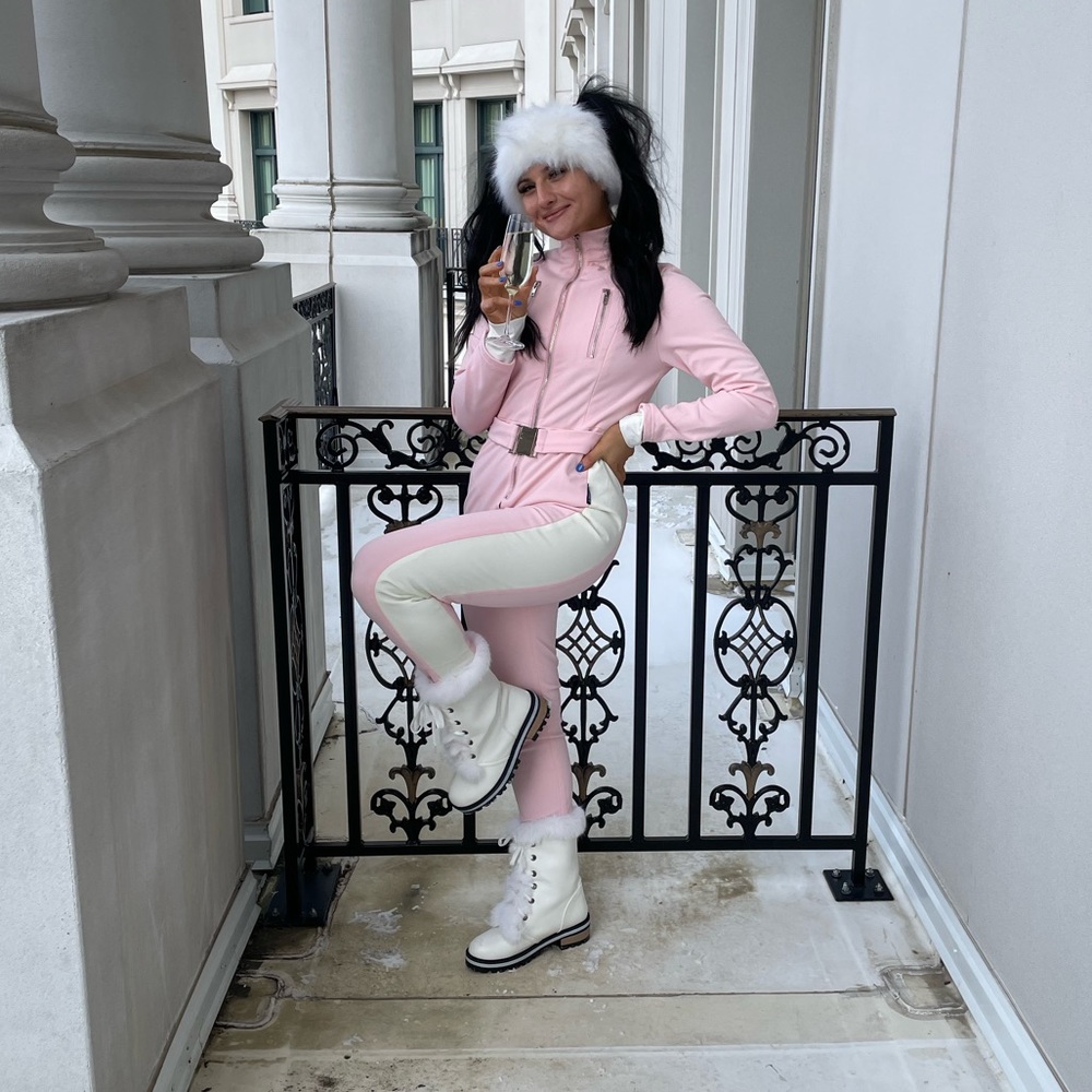 Missguided Pink and Cream Ski Jumpsuit with Fur Trim